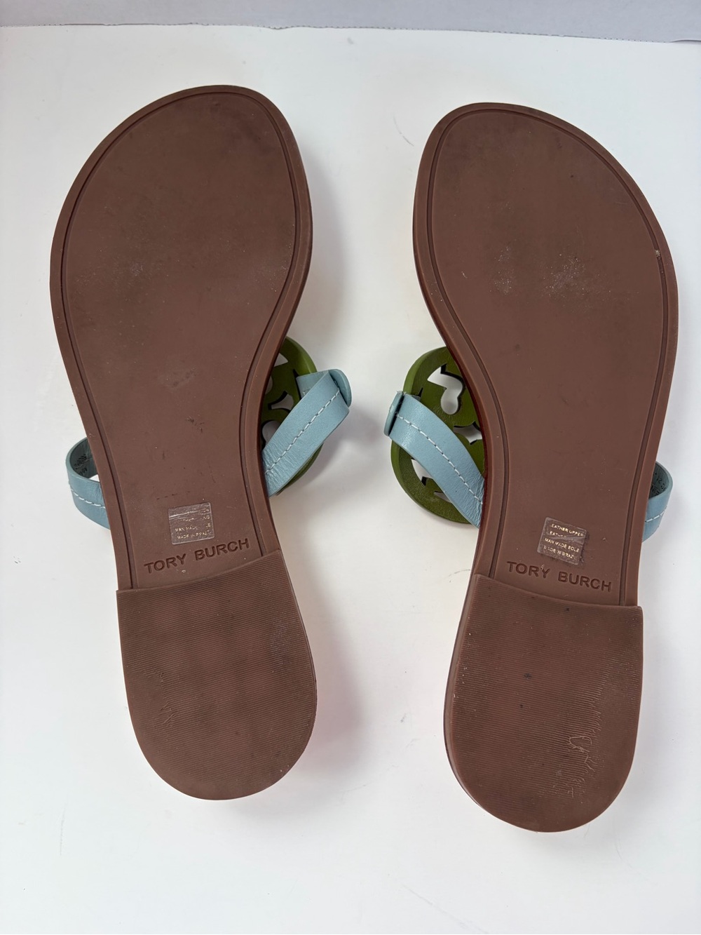 Tory Burch Miller Sandals Double T Logo Leather Green Tan Northern Blue Size 9M - Picture 11 of 16